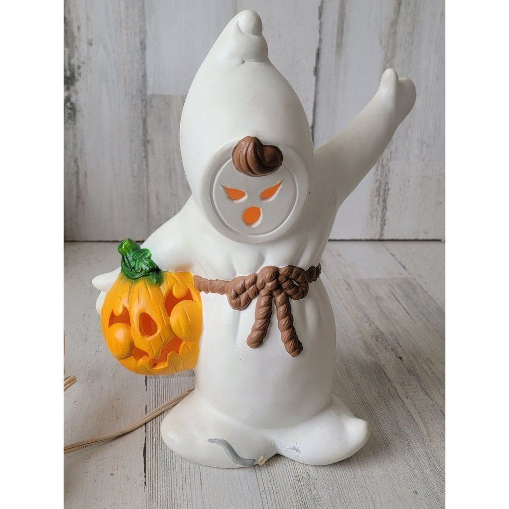 vintage ceramic ghost Halloween light up pumpkin mad‎ figure